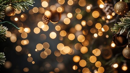 Poster - Warm golden bokeh lights on dark background with festive ornaments creating a cozy and inviting atmosphere for holiday celebrations.