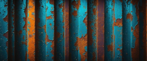 Poster - Rusty metal texture with blue and orange peeling paint background for industrial or artistic design projects