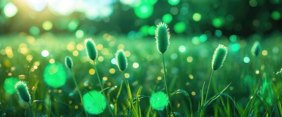 Poster - Serene Green Abstract Bokeh Background Featuring Grass Flowers in a Lush Meadow Under Natural Light Settings