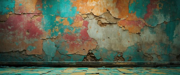 Poster - Colorful distressed wall with peeling paint and textured surface ideal for artistic and design backgrounds.