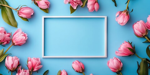 Aufkleber - Pink peonies surrounding a white empty photo frame on a bright blue background creating a fresh and inviting layout for text and design.