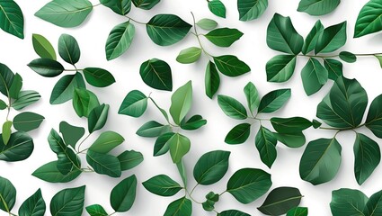 Poster - Array of vibrant green leaves arranged artistically on a clean white background showcasing nature's beauty and diversity in plant life.