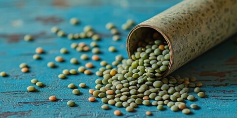 Poster - Green lentils spilled from a rustic tube onto a textured turquoise wooden surface with some orange lentils mixed in for contrast.