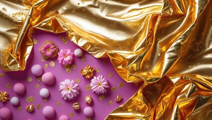 Poster - Colorful floral composition on gold foil background with pink accents creating a vibrant and elegant abstract design for creative projects.
