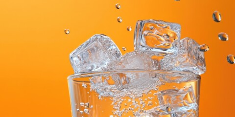 Poster - Refreshing ice cubes in a clear glass of water against a vibrant orange background with sparkling bubbles creating a cool and crisp visual effect