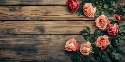 Aufkleber - Charming vintage style roses in soft pink and red on rustic wooden background, top view composition with ample empty space for text