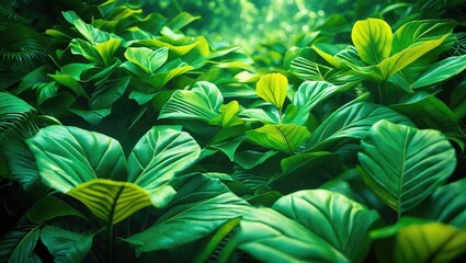 Wall Mural - lush green foliage with vibrant leaves in a dense tropical setting under soft sunlight