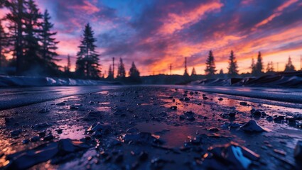 Wall Mural - scenic landscape with reflective water puddles at dawn featuring colorful clouds and silhouettes of 
