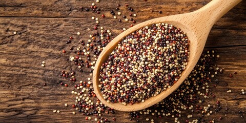 Aufkleber - Mixed quinoa grains in a wooden spoon on a rustic wooden surface with scattered seeds in red, white and black hues creating an organic feel