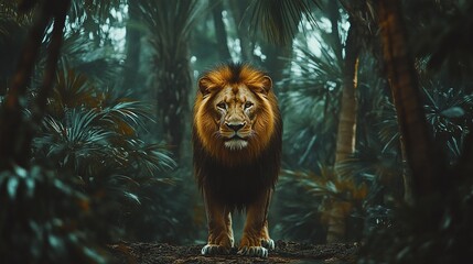 Wall Mural - big lion resting in a zoo setting with a fierce expression showing its strength as a wild predator i
