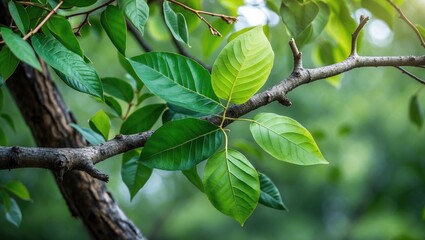 Poster - Lush green leaves on tree branch showcasing vibrant foliage in natural sunlight against a blurred background of greenery.