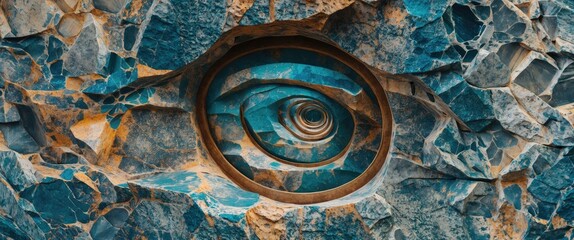 Poster - Intricate blue granite stone surface featuring a carved eye design with swirling patterns and textured details.