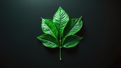 Poster - Lush green leaf arrangement on a black background showcasing intricate textures and vibrant colors for natural and botanical themes.