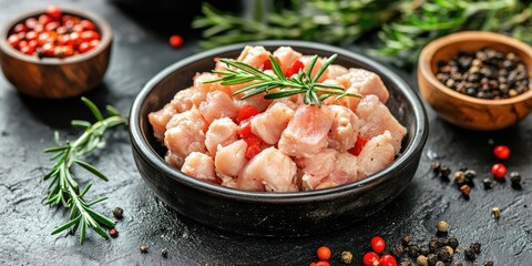 Poster - Ground poultry mix displayed in a black bowl with rosemary sprigs and colorful spices scattered on a dark textured surface around it
