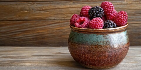 Poster - Ripe raspberries and blackberries in a rustic ceramic bowl on a wooden surface with a warm brown background.
