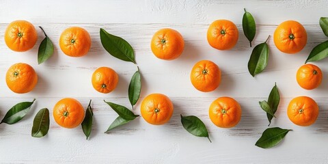 Poster - Fresh vibrant mandarin oranges scattered on a white wooden surface surrounded by lush green leaves creating an appealing and colorful arrangement