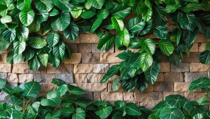 Poster - Lush green foliage cascading over a textured stone wall creating a serene and natural background in a warm seasonal setting.