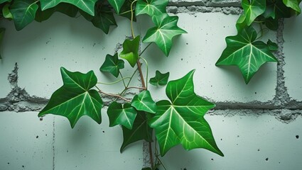 Poster - Vibrant green ivy leaves cascading against a textured white cement wall creating a serene natural background setting.