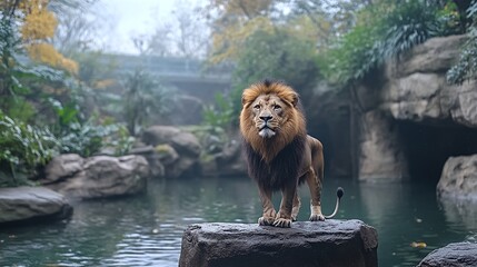 Wall Mural - big lion resting in a zoo setting with a fierce expression showing its strength as a wild predator i