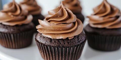 Wall Mural - Delicious chocolate cupcakes with swirls of rich chocolate frosting on a white plate, showcasing dark brown colors and soft textures.