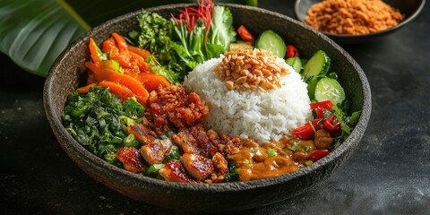 Aufkleber - An appetizing bowl of nasi with white rice topped with peanuts, surrounded by vibrant green vegetables, red chili, and savory meat.