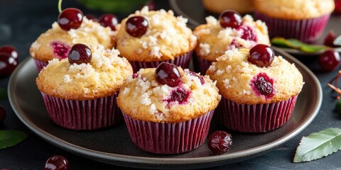 Poster - Freshly baked cherry muffins topped with crumble and cherries, arranged on a dark plate with scattered cherries and green leaves against a blurred background.