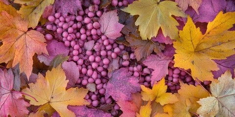 Leinwandbilder - Vibrant pink maple seeds on a bed of yellow and orange leaves create a stunning autumn display of nature's colorful foliage and seeds.