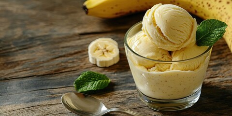 Poster - Homemade banana ice cream in a glass with mint leaves on a wooden surface featuring a fresh banana vertically placed for a healthy dessert theme