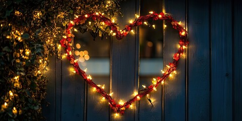 Poster - Heart-shaped wreath made of red vines and warm fairy lights against a blue wooden wall with a soft bokeh background. Decorative festive ambiance.