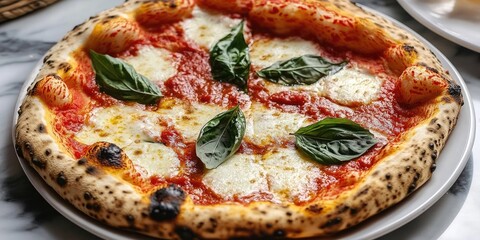 Poster - Margherita pizza with fresh basil on a marble background showcasing crispy crust, rich tomato sauce, and melted mozzarella cheese.
