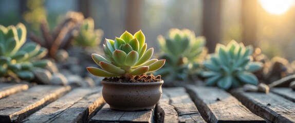 Poster - Haworthia succulent plant in a pot on wooden surface with morning sunlight and blurred greenery in the background for tranquil atmosphere