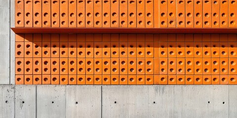 Aufkleber - Modern architectural facade featuring textured orange bricks with circular cutouts against a gray concrete background, highlighting geometric design elements.
