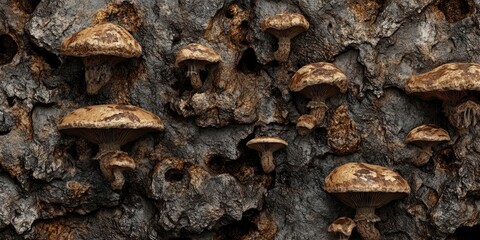 Poster - Mushroom background with shades of brown and gray showcasing intricate textures in a dense, organic arrangement perfect for creative designs