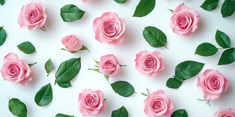 Fototapete - Pink roses carefully arranged on a white background with green leaves scattered around, creating a harmonious flat lay floral composition.