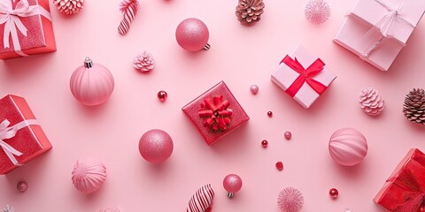 Poster - Festive pink background with assorted pink gifts, ornaments, and pine cones arranged playfully, featuring varying shades of pink and white.