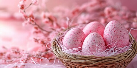 Poster - Vibrant pink Easter eggs in a wicker basket on a soft pink backdrop surrounded by delicate pink blossoms and textured knitted fabric elements.