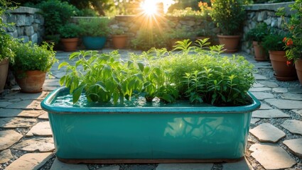 Poster - Green plants thriving in a turquoise water container on a stone terrace illuminated by beautiful garden sunlight during sunset.