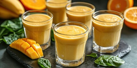 Aufkleber - Refreshing mango orange smoothie in clear glasses surrounded by fresh mango slices, spinach leaves, and citrus on a slate background.