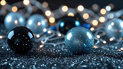 Poster - Glittering vintage lights with black silver and blue ornaments creating a festive defocused background for holiday themes and celebrations.