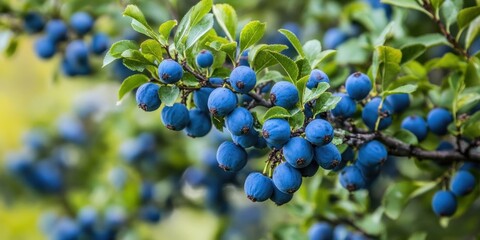 Poster - Vibrant blue sloe berries clustered on lush green branches in a natural setting showcasing their culinary potential and ornamental value
