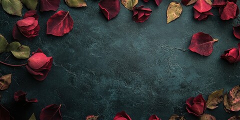 Fototapete - Elegant composition of deep red rose leaves and petals on a textured dark green surface, featuring ample space for text insertion in the center.