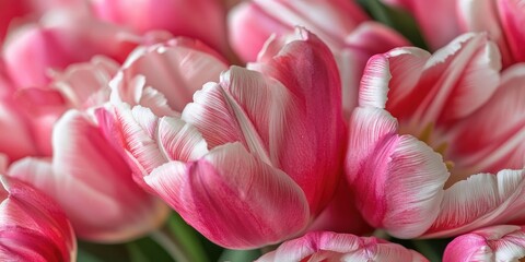 Aufkleber - Delicate pink tulips in soft focus showcasing vibrant petals with white edges, arranged closely in a lush green setting, evoking spring freshness.