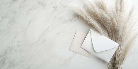 Poster - Minimalist layout featuring pampas grass, an unmarked white card, and an envelope arranged on a white marble background for branding purposes.