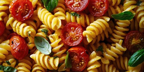 Poster - Colorful fusilli pasta mixed with roasted cherry tomatoes and fresh basil leaves arranged in a vibrant top-down view on a wooden surface.