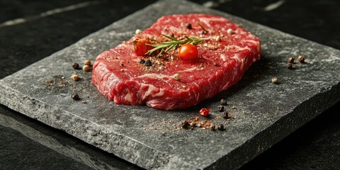 Poster - Raw beef steak on a dark stone board, garnished with spices, cherry tomatoes, and rosemary, featuring rich red and earthy tones prominently.