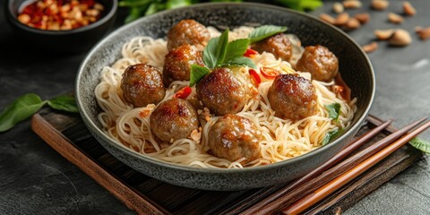 Aufkleber - Thai-style noodles topped with meatballs garnished with basil and chili, served in a dark bowl on a wooden board with chopsticks.