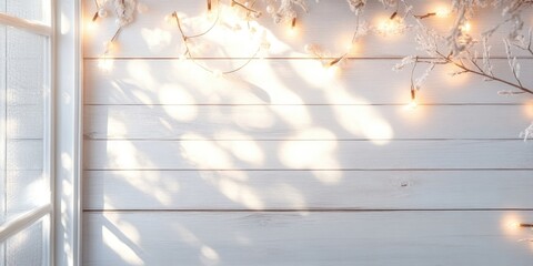 Fototapete - Lightbox with the phrase Born to Shine on a white wooden surface illuminated by soft light with shadows from branches and lights positioned above