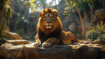 Wall Mural - big lion resting in a zoo setting with a fierce expression showing its strength as a wild predator i
