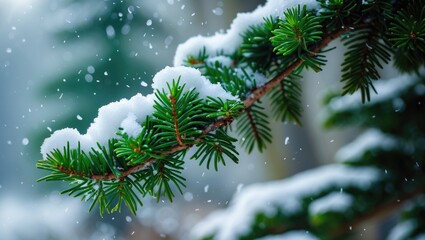 Poster - Snow-covered coniferous branch with blurred winter background showcasing the beauty of nature in a serene snowy landscape.
