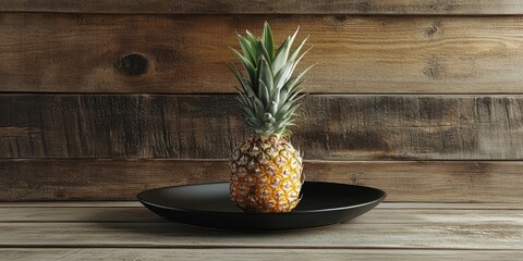 Poster - Pineapple on a black plate positioned centrally against a rustic wooden background featuring warm brown tones and textured plank details.
